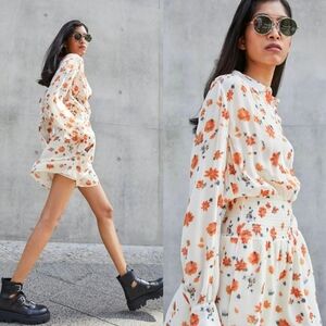 Rag & Bone Cream Orange Floral Print Bailey Smocked Long Sleeve Dress